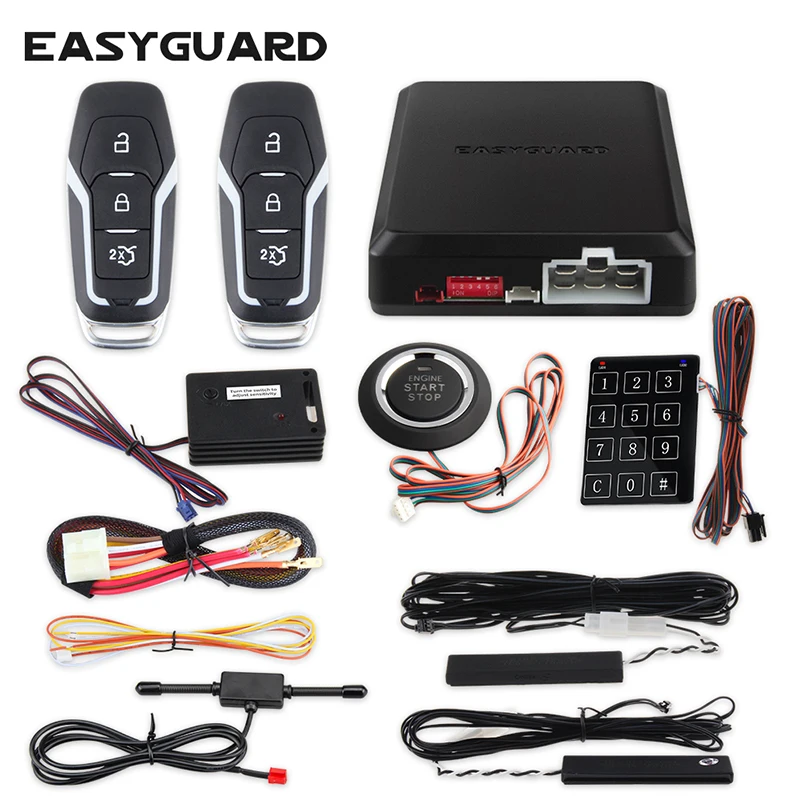 

EASYGUARD EC002-FO2-NS car alarm with Remote start and push start button,Shocking alarm warning ,compatible 95% car