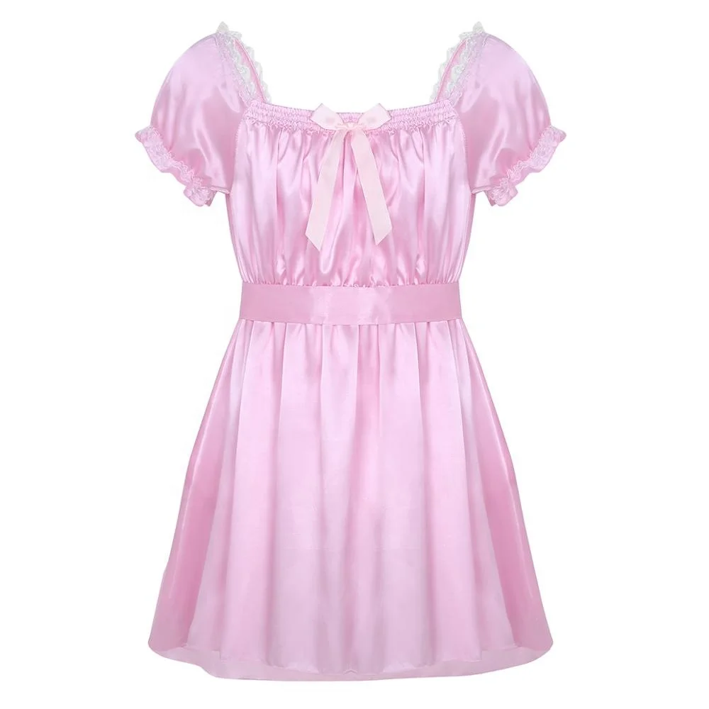 

Mens Soft Satin Dress With Sash Gay Men Underwear Short Sleeve Square Neckline Shiny Crossdress Lingerie Sissy Nightwear
