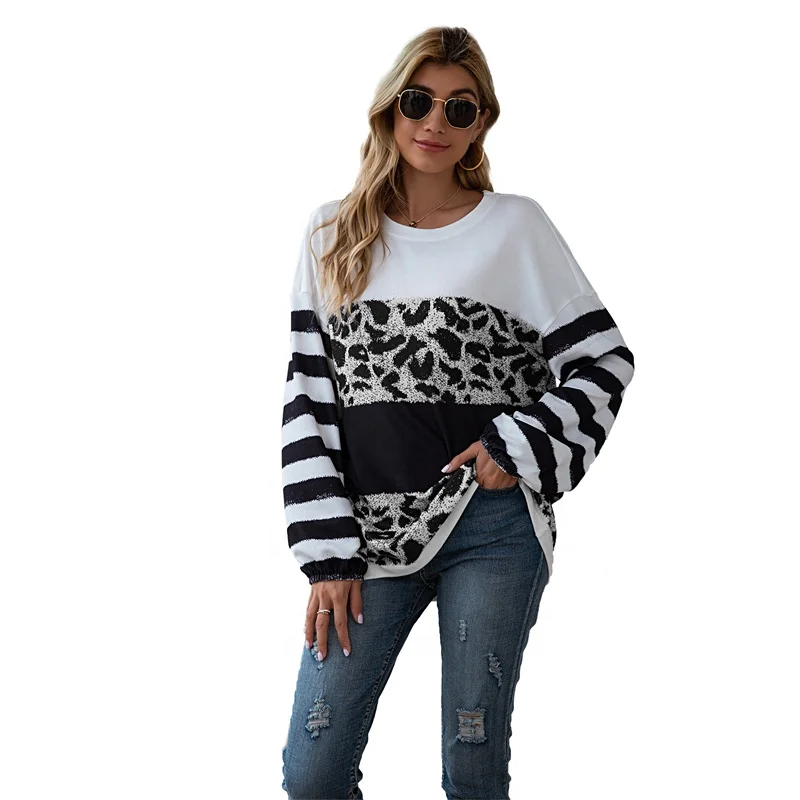 

2021 Custom Wholesale O Neck Long Sleeve Leopard Striped Patchwork Top Women, 3 colors