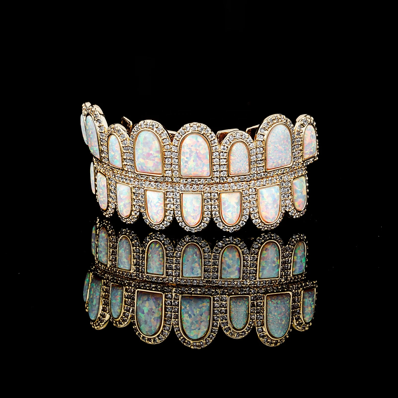 

2022 New Fashion Mouth Grillz Splicing Series Opal Gemstones and Zircons Teeth Hip Hop Jewelry Top & Bottom Men Women Grills Set