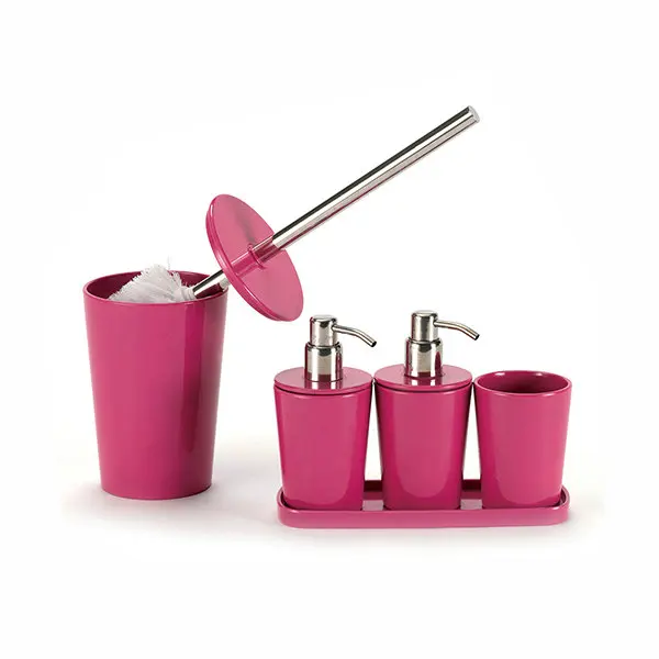 

High Quality Solid Stainless Steel Head Imitation Porcelain Material Pink Plastic Bathroom Accessories Set