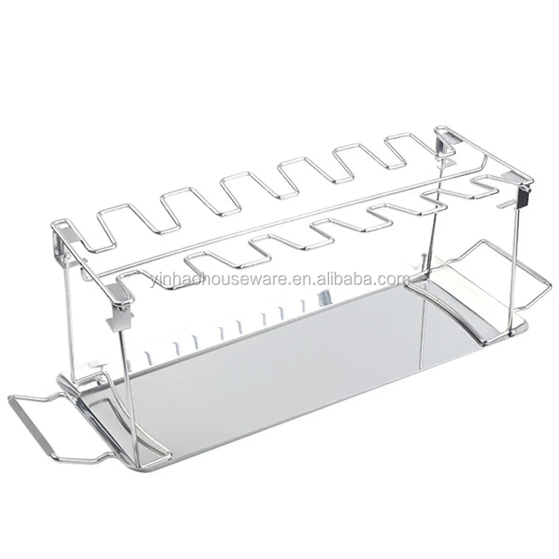 

New Arrival Chicken Wings Tray Stand 14 Slots Stainless Steel 430 BBQ Wing & Leg Rack Pan For Grill Roasting, As shown