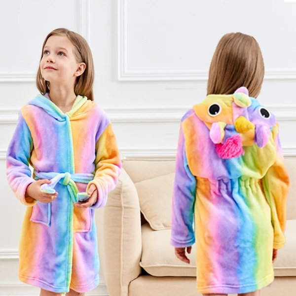 

Cartoon Custom Kids Pajamas Colorful Cute Animal Sleepwear Nightwear Soft Unicorn Hooded Girl Bathrobe For Children