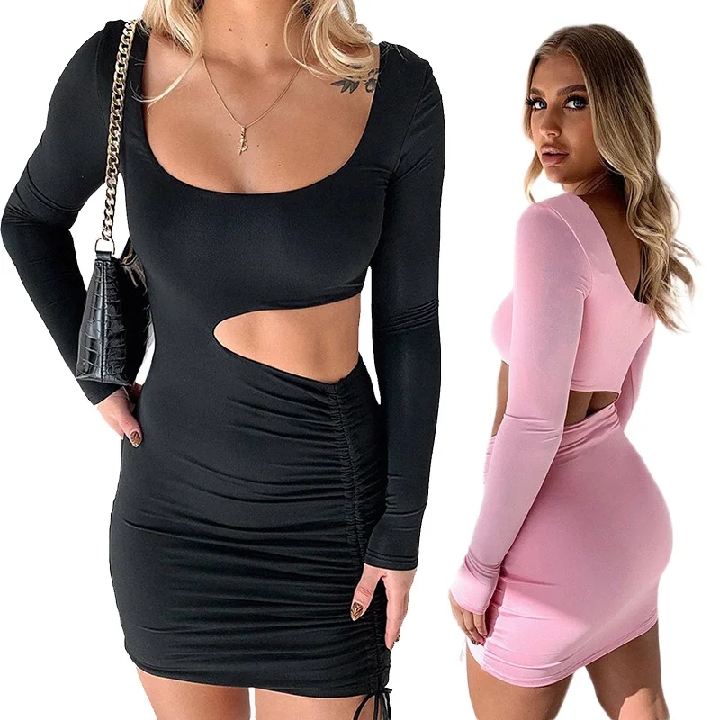 

2021 Autumn Clothing Black Color Long Sleeves Cut Out Hollow Tight Dress Bodycon Dress Women, Customized bodycon dresses