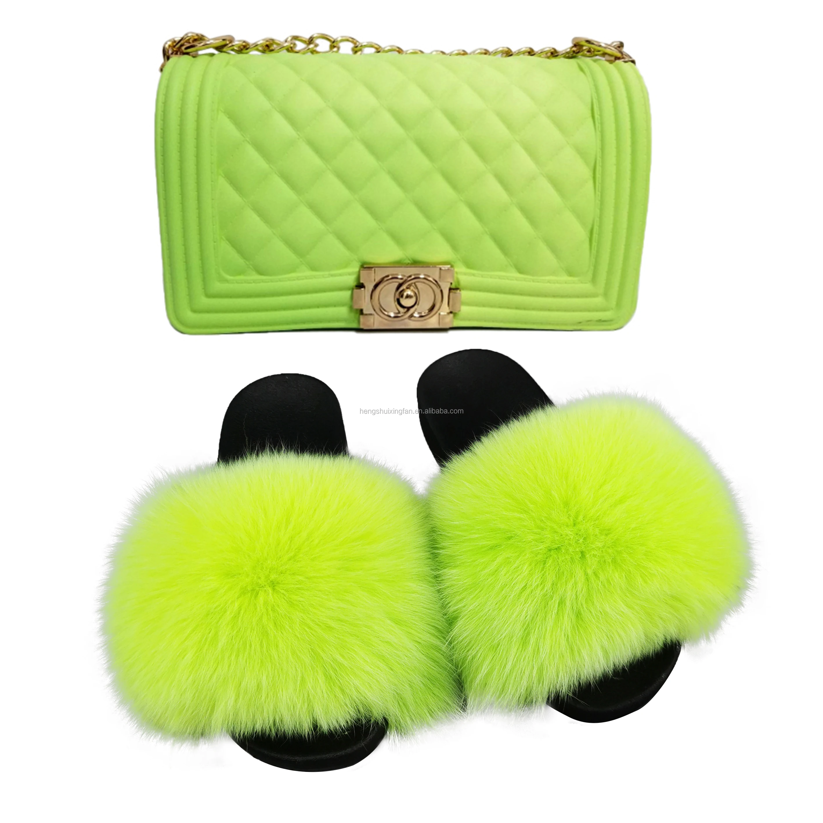 

Women Fur Slippers Fluffy Fox Fur Sandals PVC Rainbow Jelly Handbag Set Furry Fluffy Fur Slides, Customized
