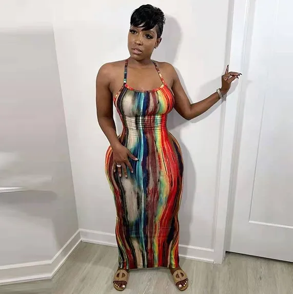

Summer Wear Women Clothing Cross Back Lace Up Belt Long Backless Dress Sleeveless Printing Halter Women Maxi Dress, Red,purple,green,blue,light blue