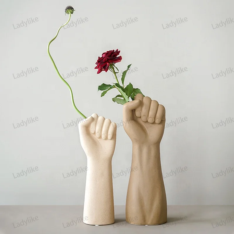 

Wholesale Modern Nordic Creative Artistic Table Fist Hand Design Art Deco Ceramic Home Decorative Flower Vase, White/gray
