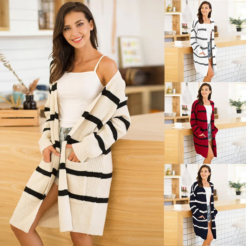 

PWS2001 Hot Selling Knit Long Sweater Striped Oversize Women Plus Size Cardigan Sweater Coat, As show