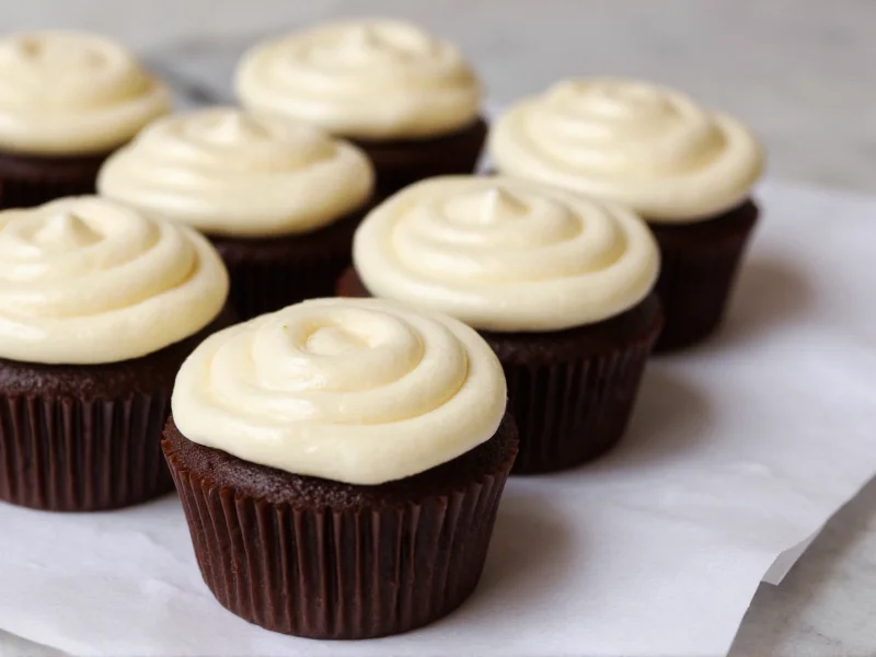 Creamy vanilla icing on chocolate cupcakes