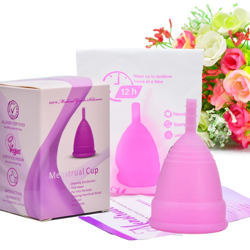 

Reusable medical grade silicone feminine hygiene menstrual cup packaging lady period cups folding design comfortable easy to use, White, pink, purple