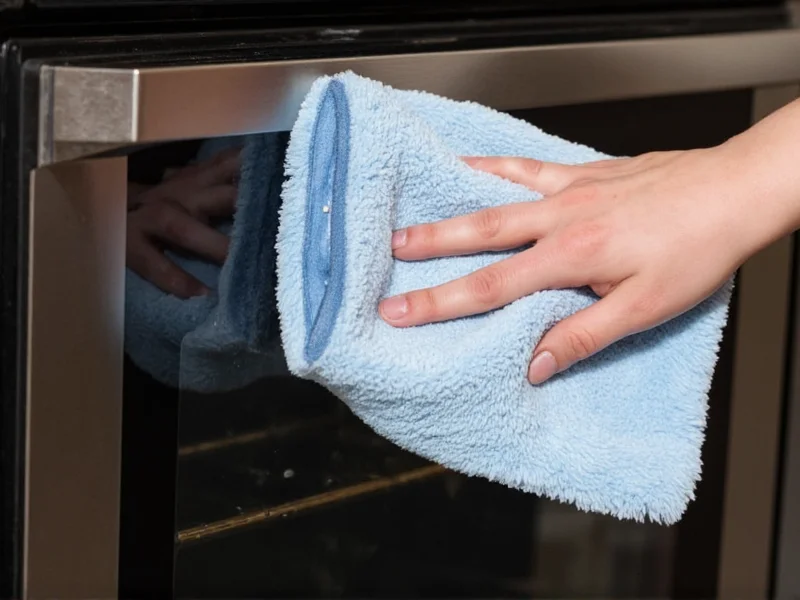 Microfiber cloth wiping oven interior after cleaning