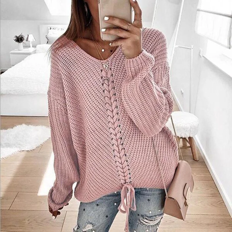 

2020 New Fashion Loose Knitwear Plus Size Casual V-neck Solid Color Lace-up Braided Women's Sweater Pullover, Solid color as shown