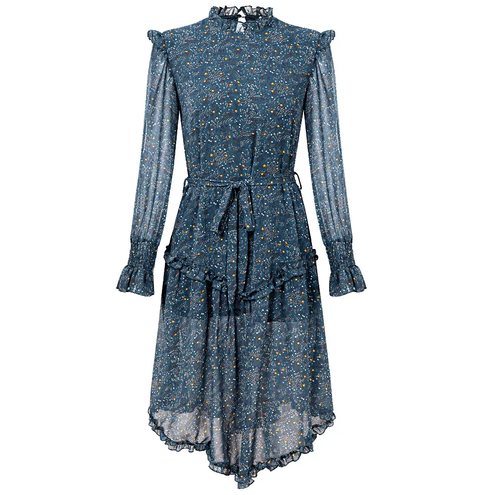 

2020 New Arrival lantern sleeve ruffle stand collar floral printed long sleeve women ladies casual dresses