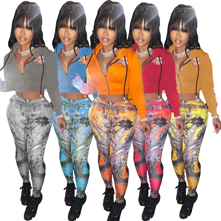 

D95264 Long sleeve two piece pants set women printed street wear