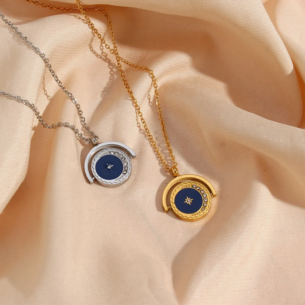 Elegant Rotating Enamel Blue Half Disc Zircon Moon Star Pendant Necklace Jewelry Stainless Steel Wholesale