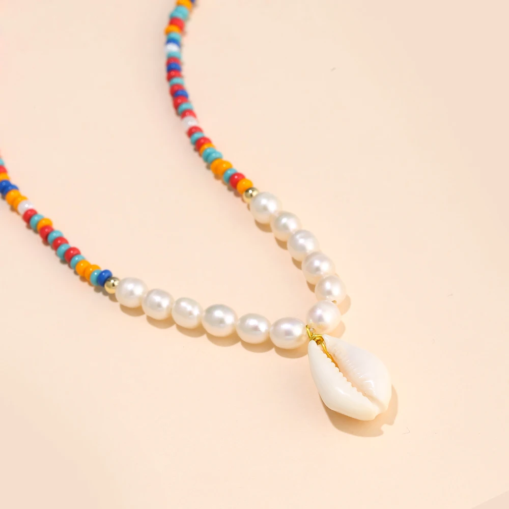 

KRKC Handmade Colorful Beaded Jewelry For Women Teardrop Freshwater Pearl Choker African Seed Beads Chain Bohemian Necklace