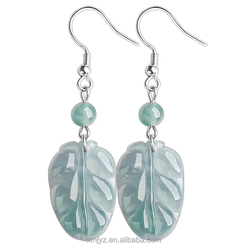 

Certified Grade A Natural Jade Blue Water Leaf-Shaped Earring S925 Silver Inlay Ice Jade Women's Fashion Eardrop Earring