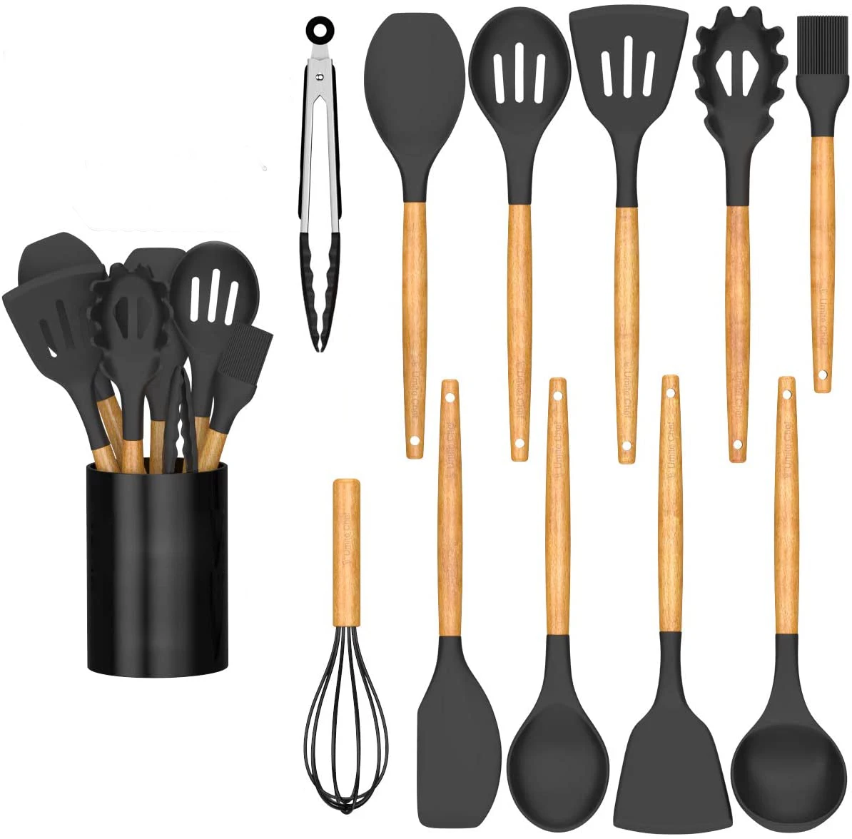 

Kitchen Cooking Utensils with Wood Holder Resistant Silicone Spatula Set for Nonstick Cookware, Black