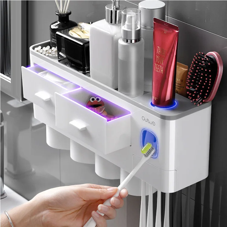 

Hot sale in 2021 plastic 3 cups suction multifunctional bathroom organizer toothbrush holder rack, Gray,blue,pink