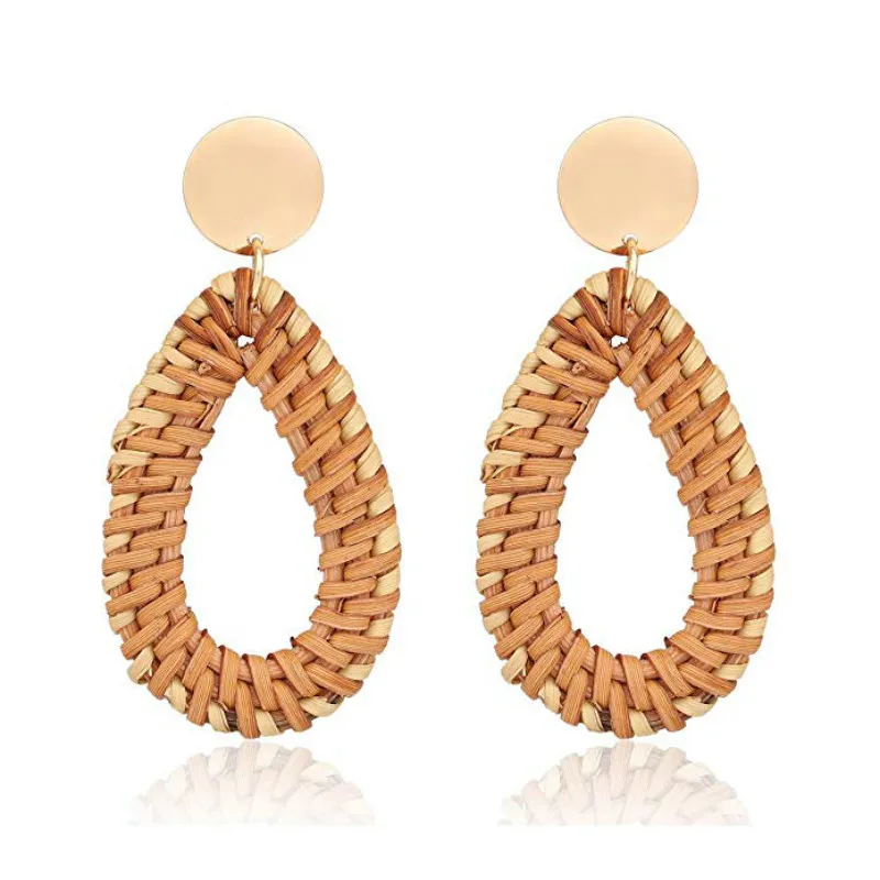 

Fashion Handmade Rattan Knit Drop Earrings Unique 2021 Summer Pendant Earrings Geometric For Women Party Jewelry Gift, As picture
