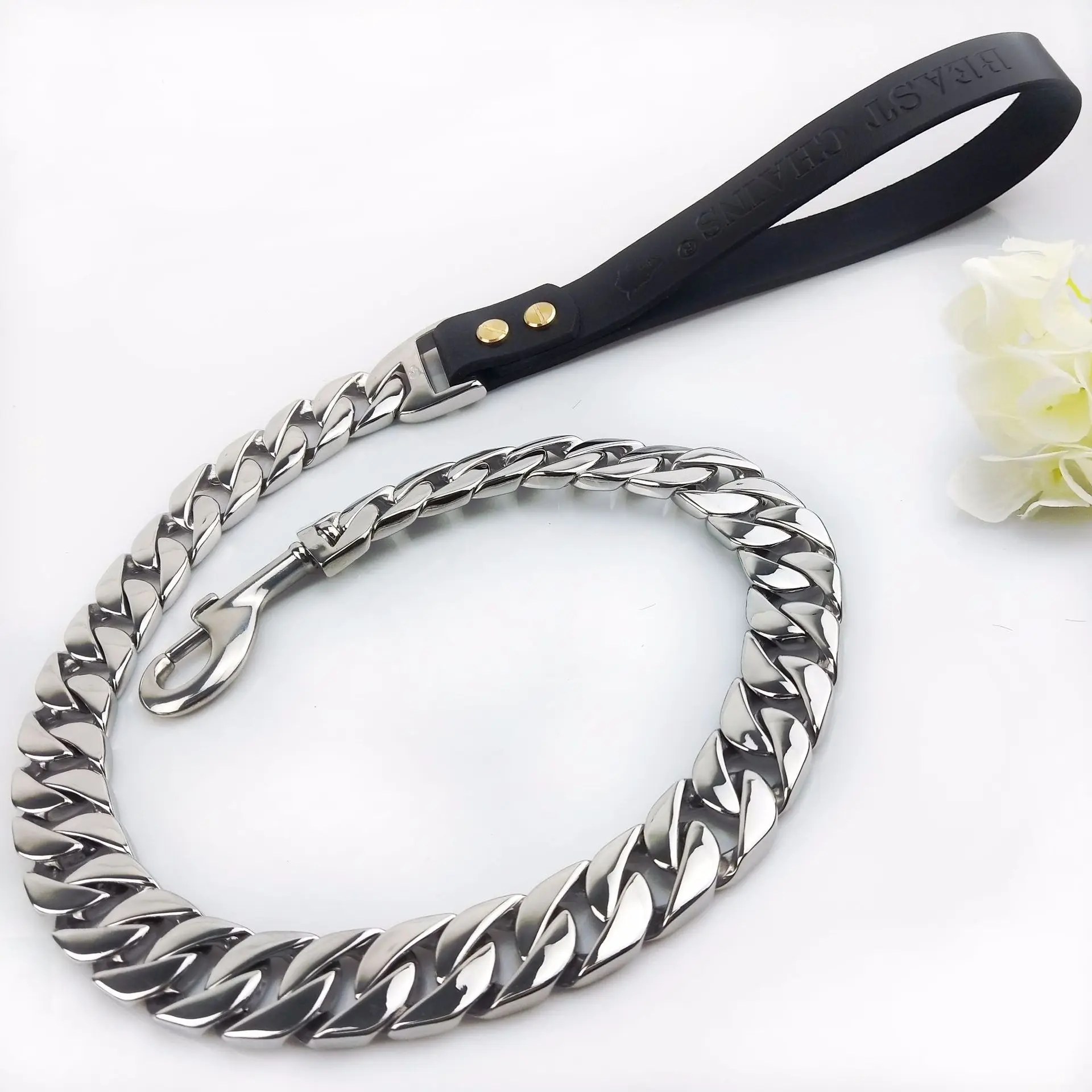 

Pet products leather handle stainless steel 32mm Gold cuban chain dog harness for big dog crystal collars and leads leashes, As pic