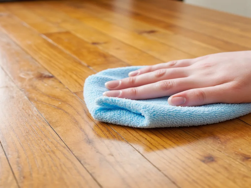 Microfiber cloth wiping wood surface with homemade spray