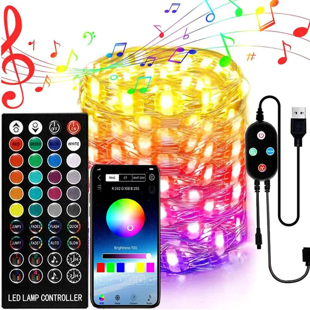 5M 10 MTS 10M 100LED Color Changing Rope USB remote control Smart RGB Copper Mini Christmas LED Outdoor String Lights