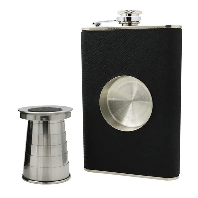 

H263 8oz Portable Leather Wrapping Outdoor Creative Whisky Wine Pot With Folding Cup Funnel Stainless Steel Hip Flask, Multi colour