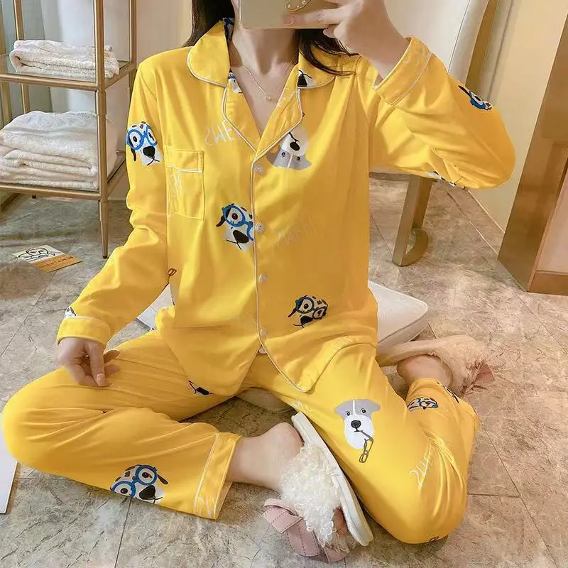 

digital print women comfortable long-sleeve lapel pajamas set