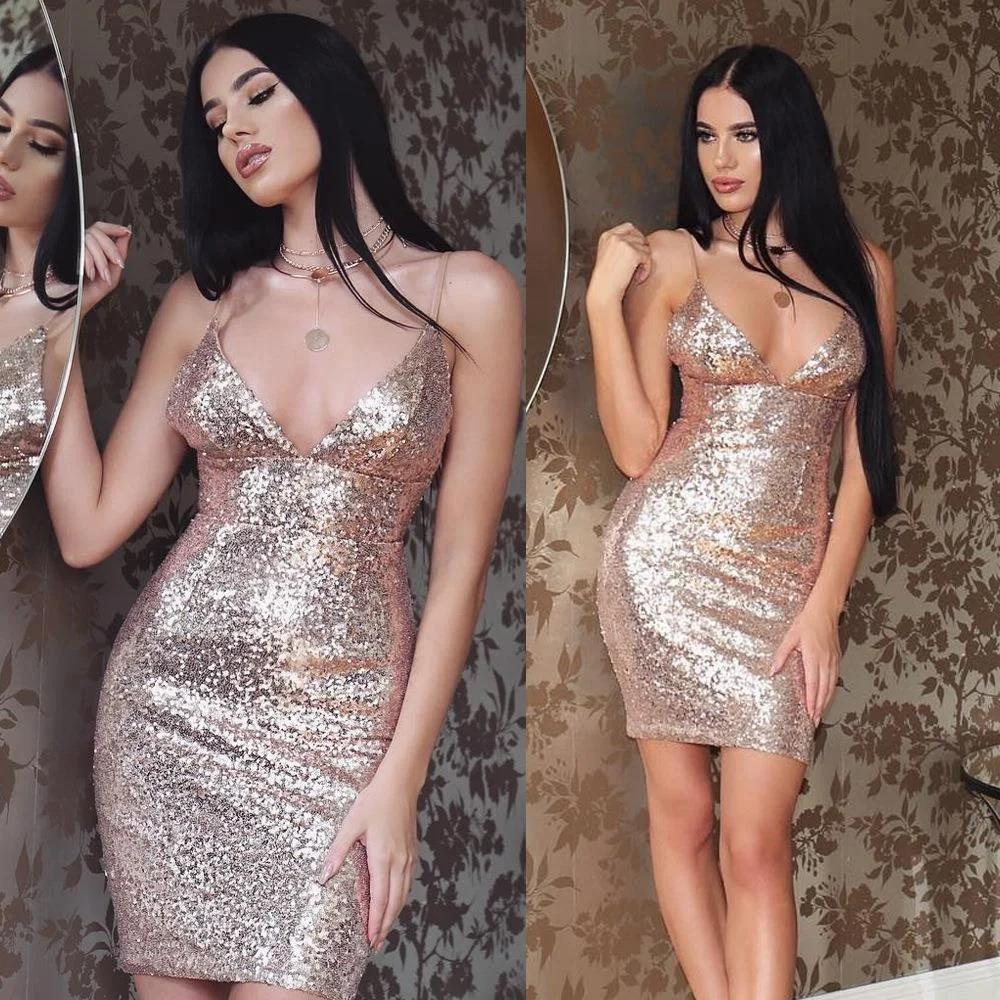 

2021 Amazon hot selling Sexy sequined halter dress Deep V tight dresses nightclub dress woman