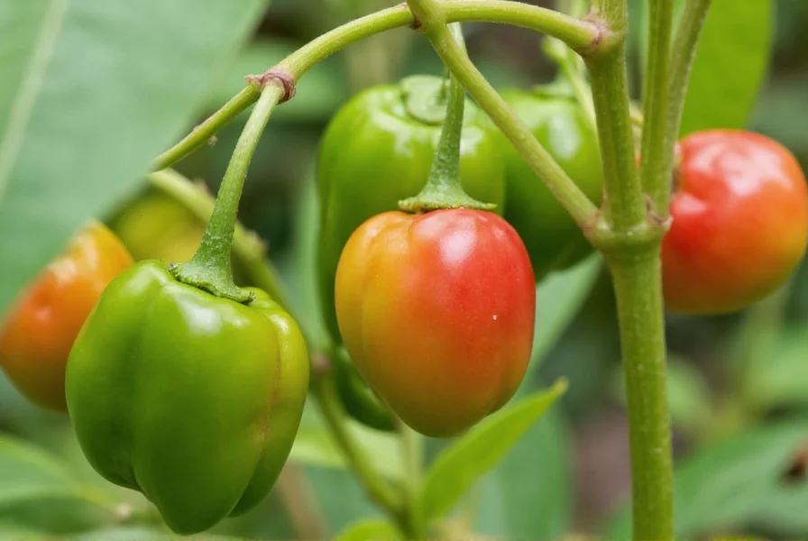 Close-up view of Hudson pepper pods showing their characteristic blocky shape and smooth green-to-red color transition on healthy plant