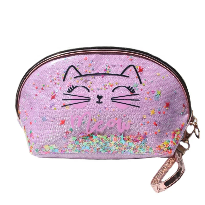 

Custom Lovely Cat Girl Waterproof PVC Sandwich Glitter Star Quicksand Pin Small Beauty Travel Bag Portable Cute Cosmetic Bags, Pink, light green, purple, black