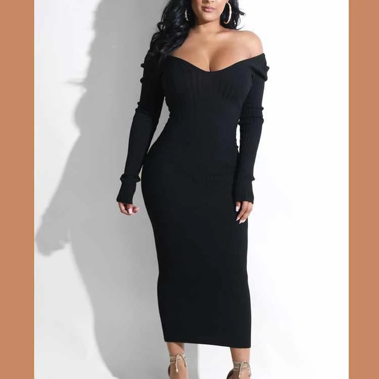 

Women Sweater Dress Off-The-Shoulder Black Long Sleeve Sexy Women Sweater