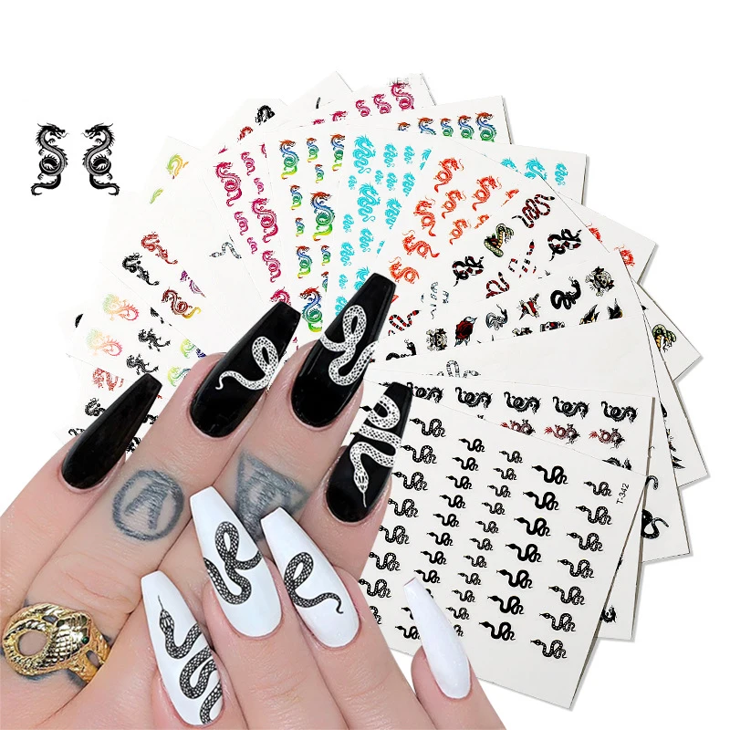 

Nail stickers black white snake-shaped nail decals Chinese dragon element 3d nail stickers, Gold & silver