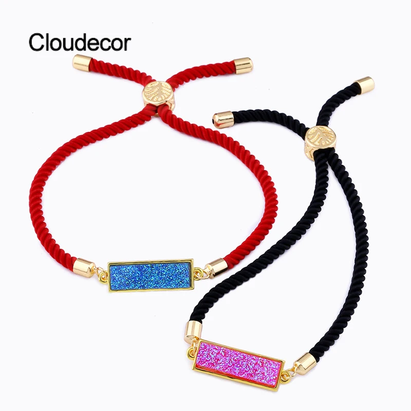 

Rectangle Druzy Charm Bracelet Jewelry Women Adjustable Red Thread Bracelet String Elegant Gold Plated Red Rope Bracelet Gift, Steel/gold/rose gold