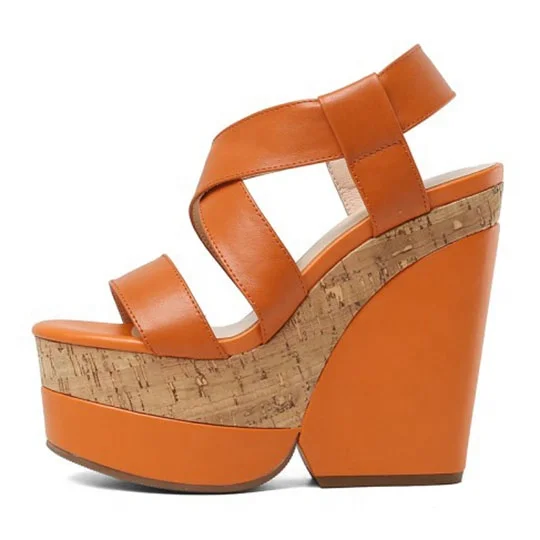 

Women's High Wedge Heel Sandals Slip on Platform Pumps Genuine Leather Shoes Women, Blue orange