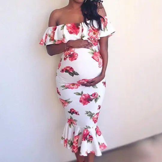 

Maternity+Clothing Floral Strapless Dress Ruffles Women Pregnant Dress