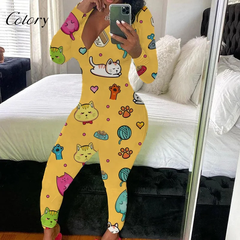 

Colory Onesie For Women Plus Size Long Sleeve V-neck Cartoon Nightwear, Picture shows