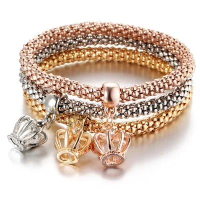 

Three Color Diamond Hollow Crown Charm Corn Set Bracelet Rose Gold Plated Crystal Rhinestone Crown Corn Chain Bracelet For Women