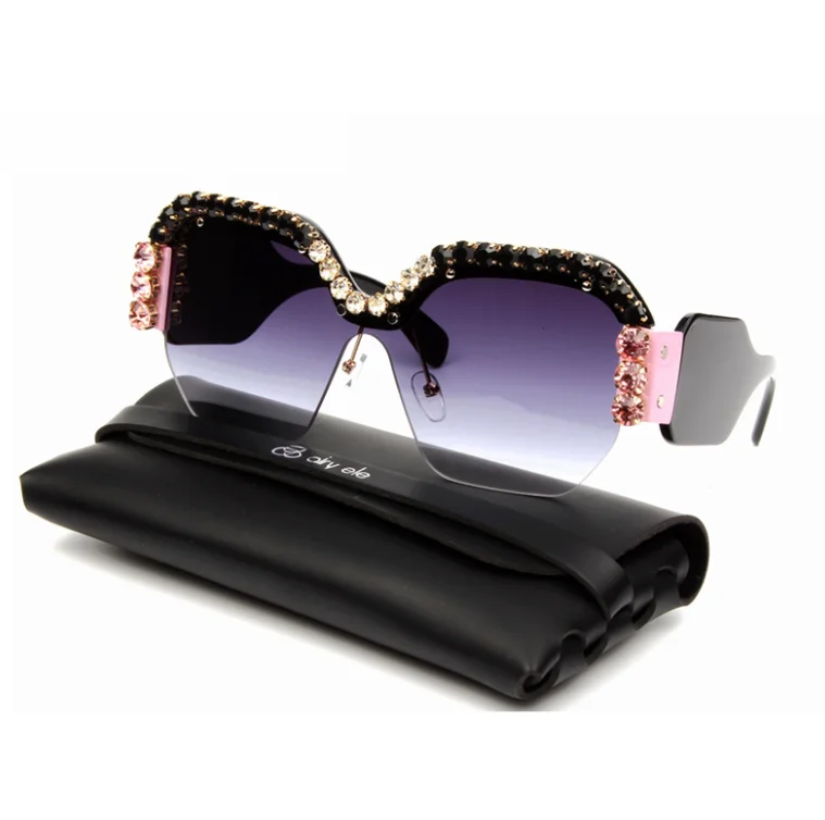 

New Fashion Half Frame Oversize Square Handcrafted Bling Rhinestone Sunglasses Women, Picture