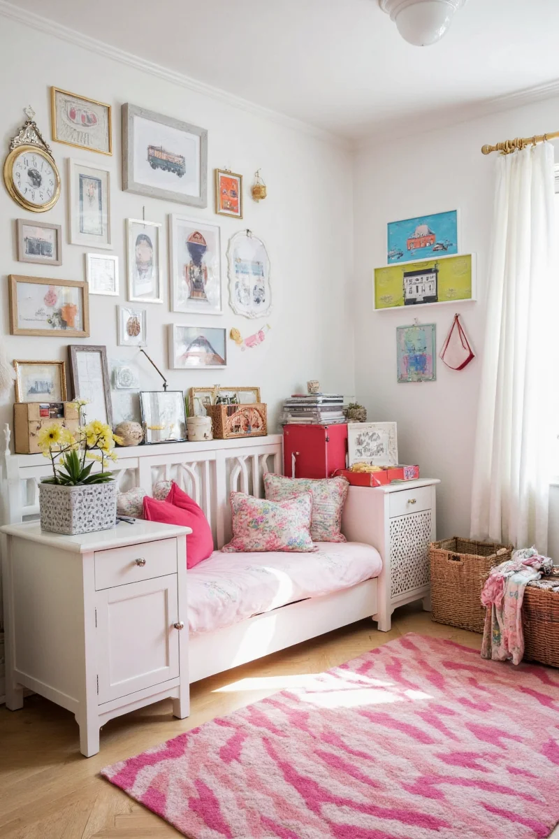 Small bedroom painted in pastel pink with wooden accents and fairy lights