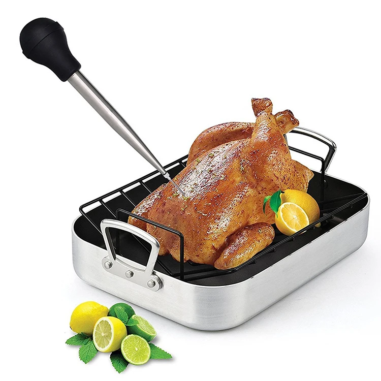 

Good quality food grade OEM stainless steel turkey baster set with barbecue basting brush, Natural color