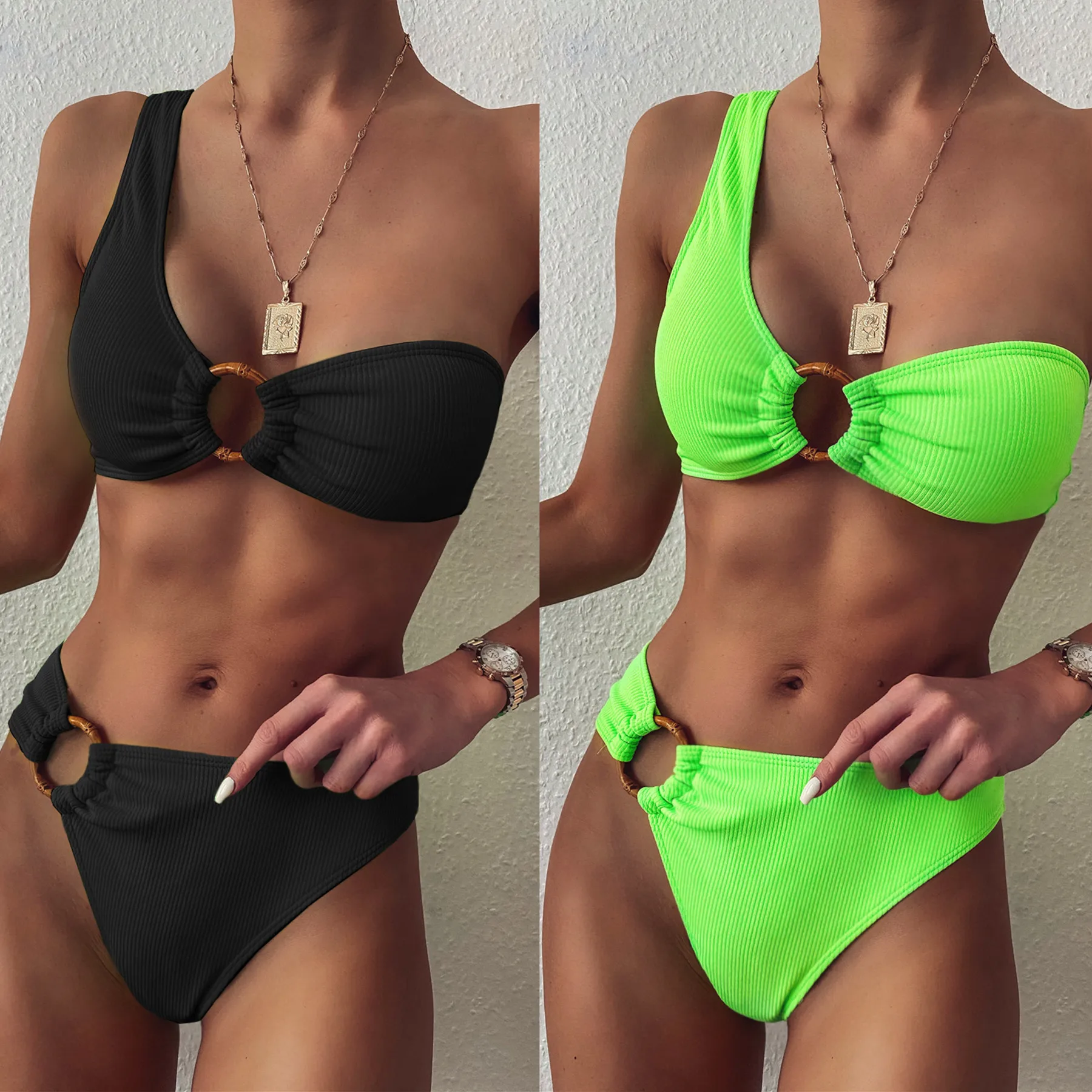 

2021 Wholesale and retail pure color Women's Sexy One Shoulder bikini Swimsuit