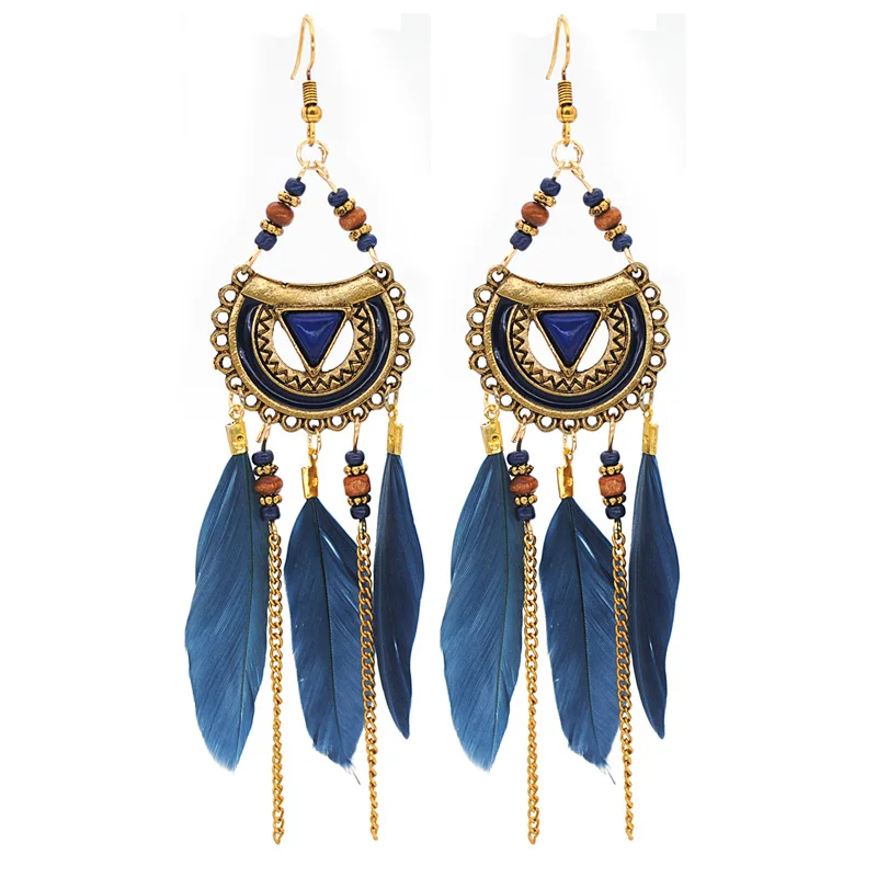

Europe Vintage Hot Sale Vacation Bohemia Beach Beautiful Gold Metal Chain Real Feather Ganging Earrings For Women, White,blue,red,black