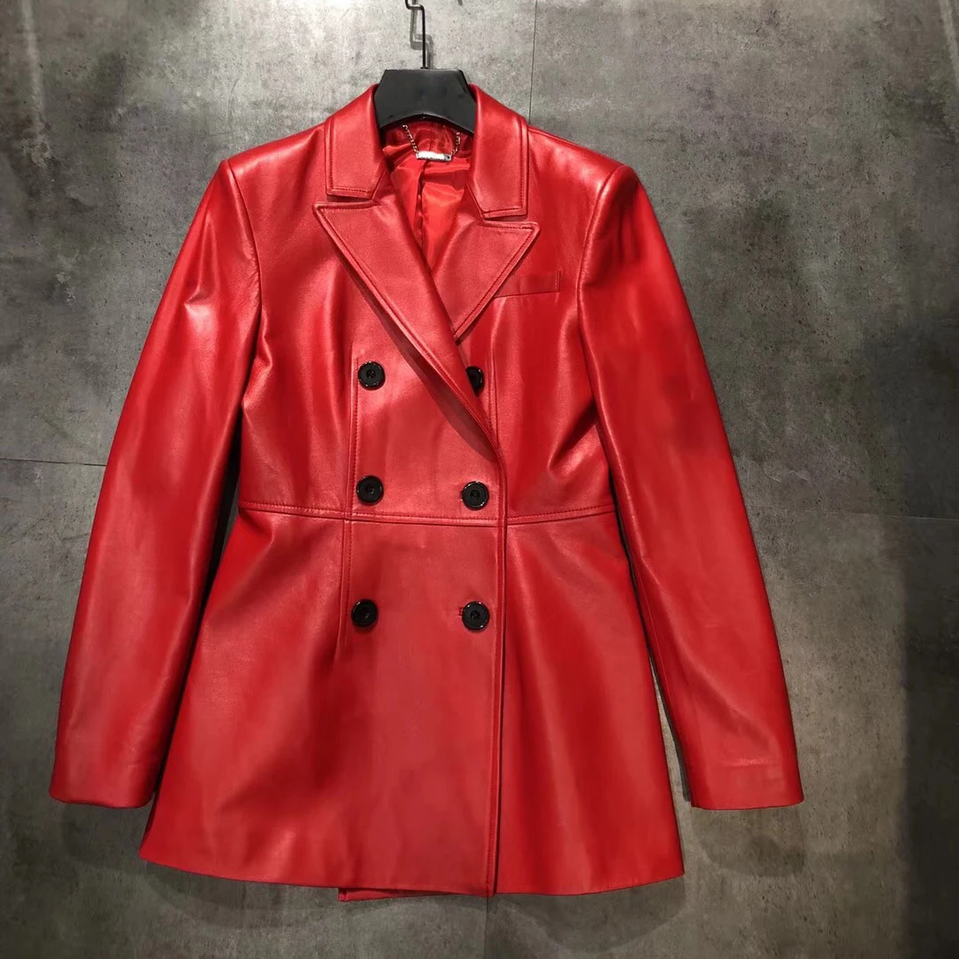 Leather Jacket For Women Red Trench Length Coat Real Lambskin