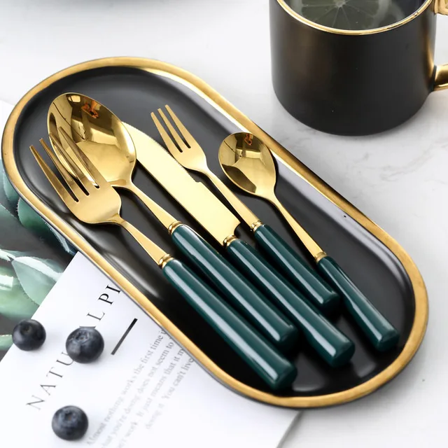 

Food Grade Stainless Steel 304 Utensils Flatware Cutlery Set Kitchen Dinnerware Knife and Fork Spoon with Ceramic Handle, Gold or any pms colour is accepted