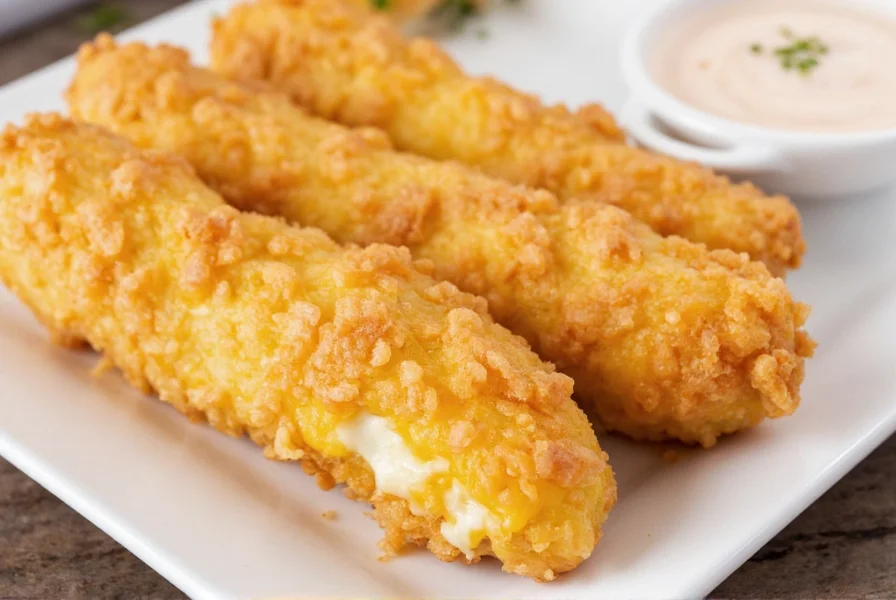 Freshly made pepper jack cheese sticks with golden crispy exterior and melted cheese interior on white plate with dipping sauce