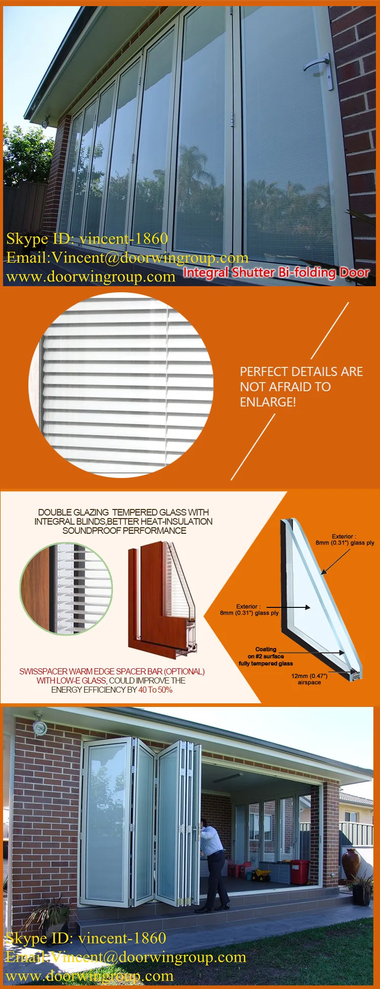 Best selling Aluminum Bi Folding Door Horizontal openning style bi folding window and door Hollow Glass Accordion