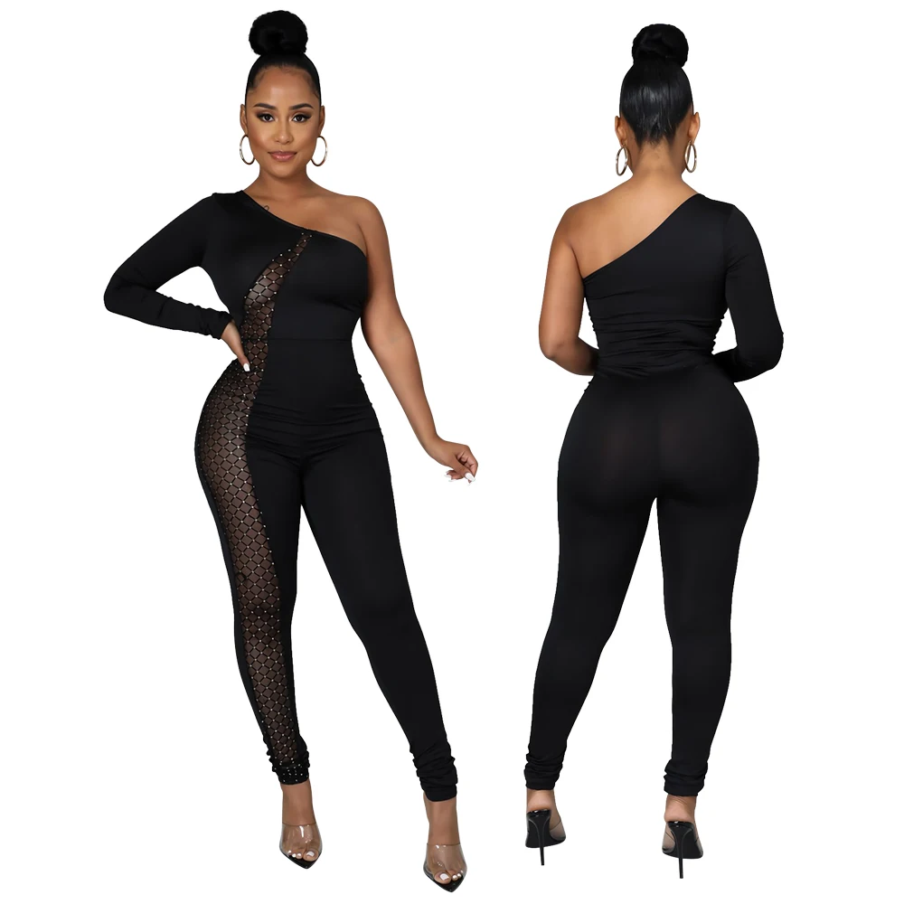 

2022 Playsuits Bodycon Bodysuit Long Sleeve Shapewear Seethrough One Shoulder Jumpsuit, Customized color