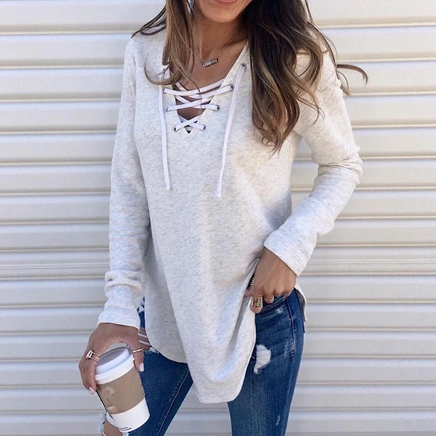 

FS2144D Fashion bandage tops Female Long sleeve V neck casual T shirts